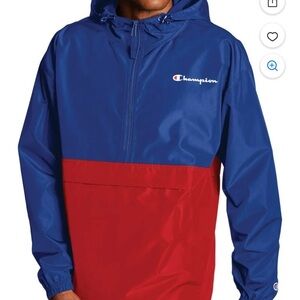 NEW Champion Packable Anorak 1/4 Zip Hooded Jacket Red Blue Colorblock Men XL